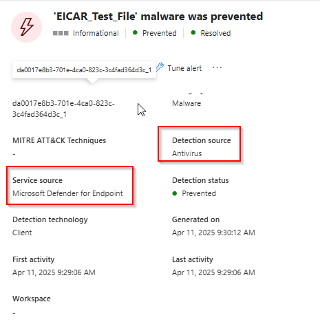A screenshot of an XDR alert highlighting the service source of the alert